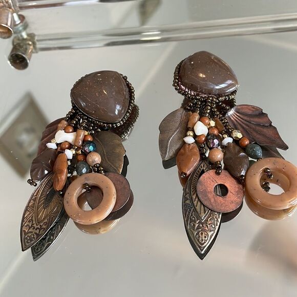 Tribal look brown & copper multiple drop pendants clip on earrings - Picture 2 of 6